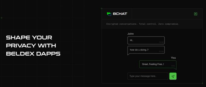 A promotional graphic for 'BCHAT' encrypted messaging on Beldex DApps, showing a dark-themed chat interface with a sample conversation between John and You.