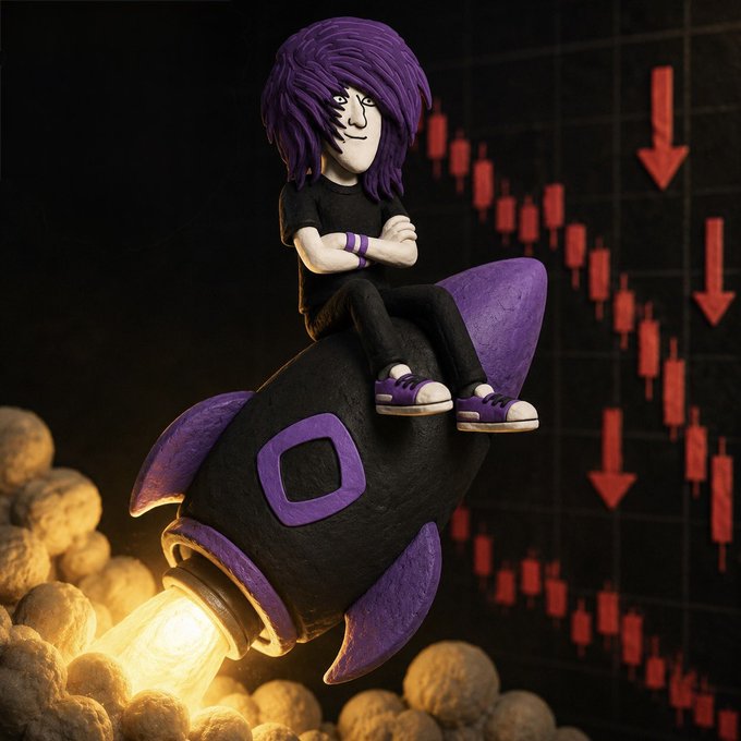 A claymation-style figurine of a person with purple hair sitting on a purple rocket amidst clouds, with a downward-trending red candlestick chart in the background.