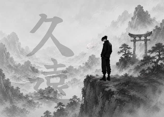 A black and white ink-style image depicting a lone figure standing on a cliff overlooking a misty mountain landscape with a torii gate, featuring large Japanese kanji characters "人" and "波" that evoke themes of solitude and waves—fitting the aesthetic mood for the KUON NFT giveaway.
