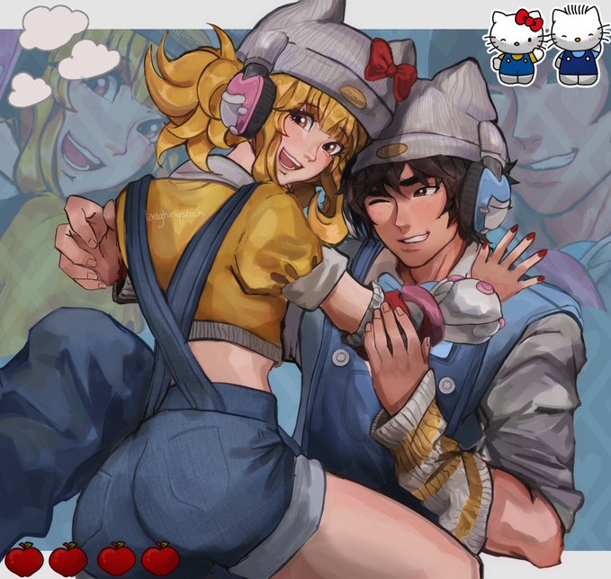The image shows an anime-style illustration of two characters, Juno and Wuyang from Overwatch, posing together wearing cat-ear headphones and Hello Kitty hats, with a small Hello Kitty and Dear Daniel sticker in the upper right corner and four red apple emojis in the lower left. The artwork appears to be fan art celebrating the characters with kawaii/cute elements, matching the "#milkywave" hashtag and playful tone of the post where the creator returned to Twitter.
