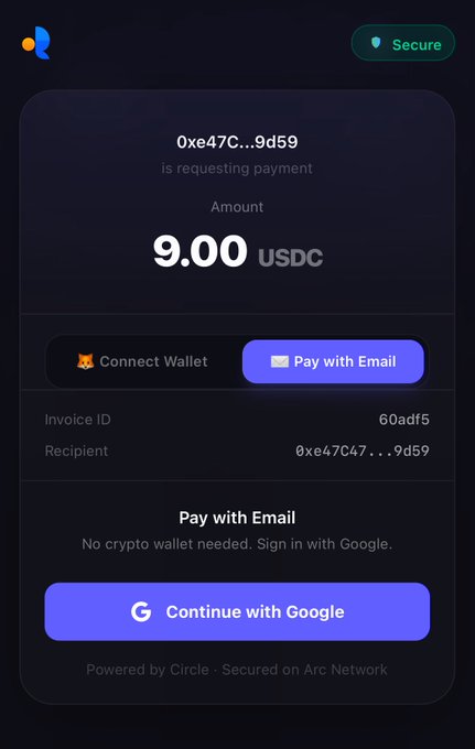 The image features a screen displaying a payment system for a cryptocurrency exchange called OXE42C. The screen shows that someone has sent 9,000 USDC to a specific wallet address (64a6d5b) using a Pay With Email payment method. A message on the screen suggests that the user should continue with this transaction because it was executed successfully. The image also contains a link to Circle Wallet, indicating that a new balance has been processed, and users are notified of this activity through a social media post.