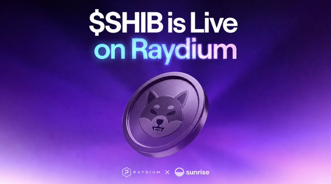 The image features a purple Shiba Inu coin displayed against a gradient purple background, with bold text announcing "$SHIB is Live on Raydium" alongside the Raydium and Sunrise logos at the bottom, visually promoting Shiba Inu's new listing on the Solana-based Raydium DEX via the Sunrise platform.