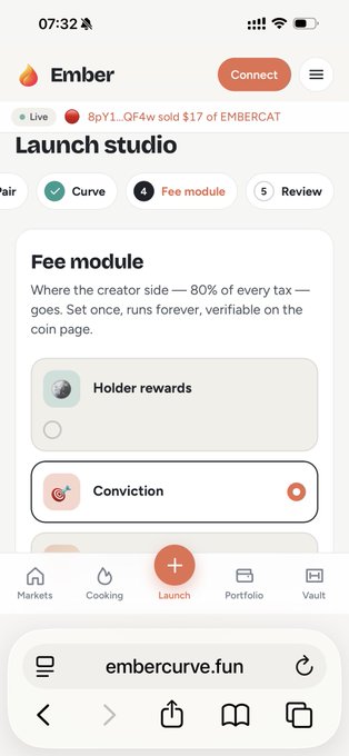 A mobile screenshot of the 'Ember' crypto launch platform showing a 'Launch studio' page with a 'Fee module' step, displaying options for 'Holder rewards' and 'Conviction' at the URL 'embercurve.fun'.