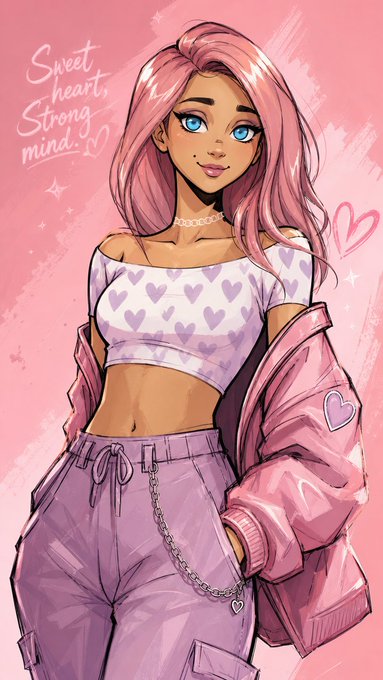 An anime-style illustration features a young woman with pink hair and blue eyes wearing a white heart-patterned crop top and pink cargo pants, accompanied by the handwritten text 'Sweet heart. Strong mind.'
