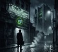 A dark, cinematic scene shows a figure standing on a wet city street at night beneath a glowing green neon sign in a narrow alleyway.