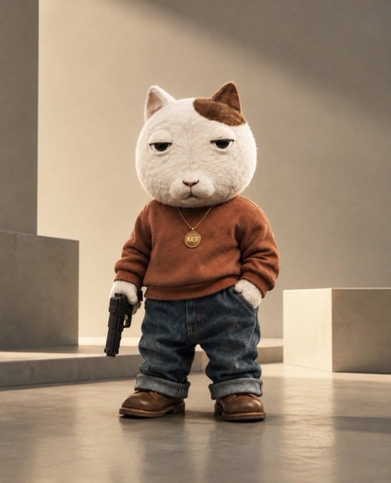 A stuffed cat character wearing a brown sweatshirt with a "KET" pendant, blue jeans, and boots, holds a gun while standing confidently in a minimalist setting. The image embodies the bold, gangster-like confidence referenced in the post about $KET being a powerful, wealth-making crypto token.