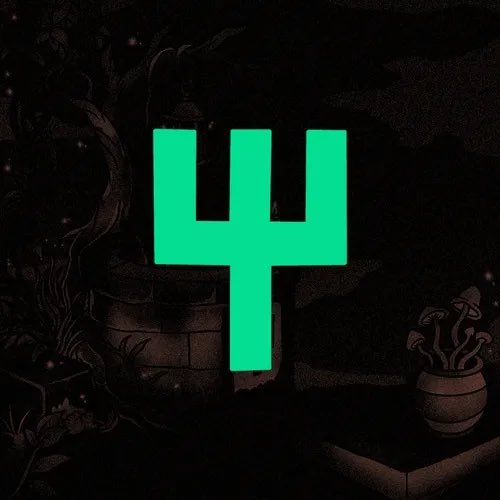 A bright green stylized symbol or logo (resembling a trident or the Cyrillic letter 'Ч') set against a dark, illustrated background depicting mushrooms and foliage.