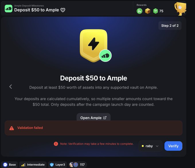 A screenshot of an Ample deposit milestone page showing a $50 deposit task that has failed validation, with a "Verify" button and a warning that verification may take a few minutes.