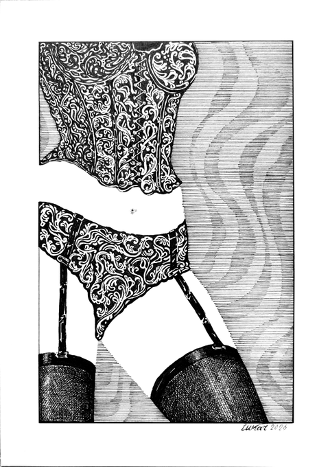 A black and white illustration featuring intricate ornamental patterns forming the shape of a lingerie set with garters, signed 'Lumier 2025' in the corner.