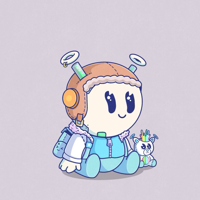 A cute, cartoon-style robot character with a round white face, wearing a blue and teal spacesuit with a jetpack, sitting next to a small plush unicorn toy.