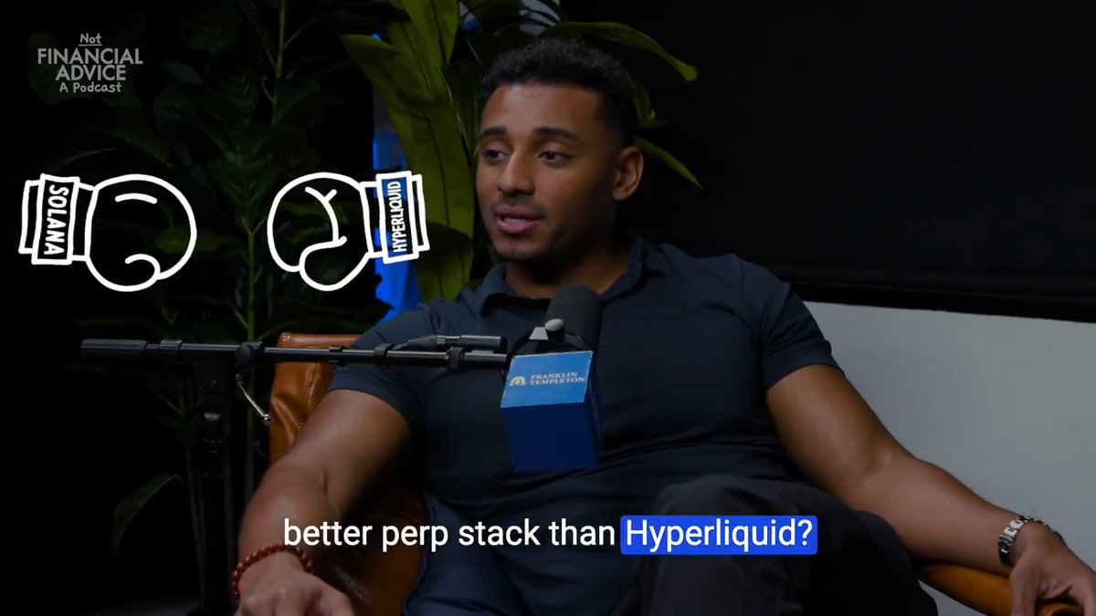A man sits at a podcast microphone on "Not Financial Advice," with on-screen graphics showing "Solana" and "Hyperliquid" bottle logos beside the caption "better perp stack than Hyperliquid?" — directly tying into the post's discussion of whether $HYPE's purpose-built perpetual futures design can outcompete general-purpose L1s like Solana.