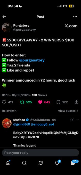 A screenshot of an X (Twitter) post by 'Purgatory' (@purgaaatorty) announcing a '$200 GIVEAWAY - 2 WINNERS x $100 SOL/USDT' with entry instructions.