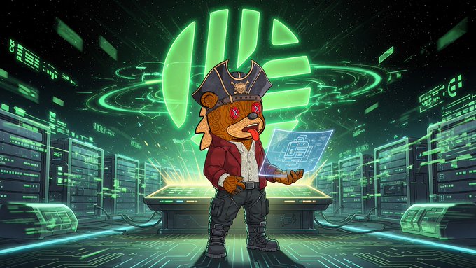 A cartoon bear wearing a pirate hat, red blazer, and dark pants, holding a holographic laptop in a neon green server room with a glowing logo behind it.