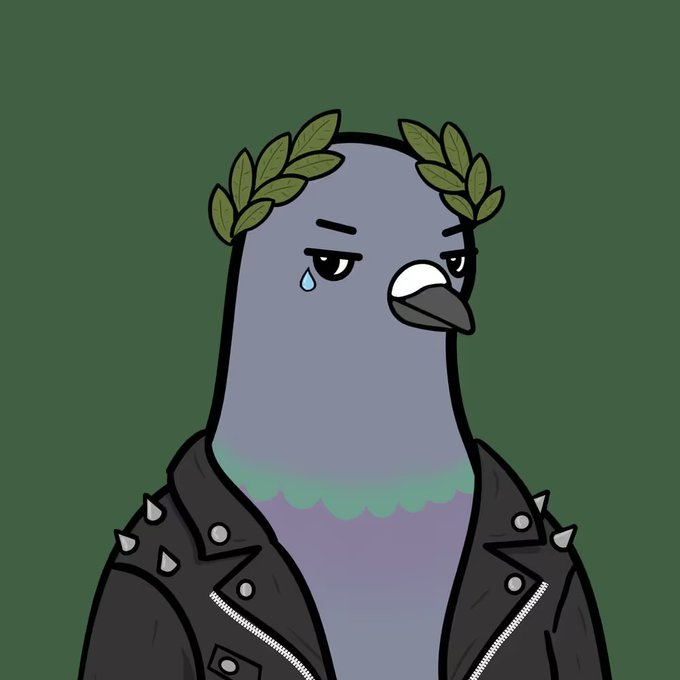 A cartoon pigeon wearing a laurel wreath and a studded leather jacket, shedding a single tear against a green background.