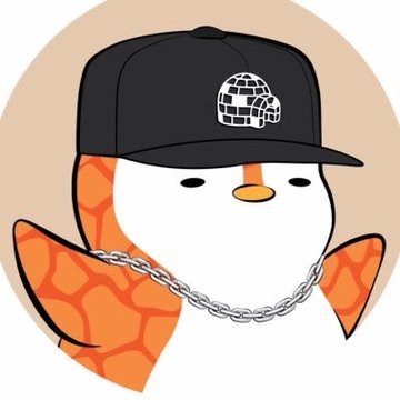 A cartoon penguin wearing a black cap with an igloo logo, a silver chain necklace, and an orange patterned scarf.