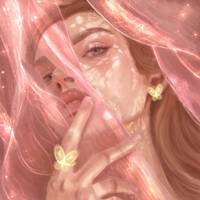 A close-up, ethereal digital artwork of a woman with pink lips partially obscured by flowing, translucent pink fabric adorned with glowing butterfly graphics.