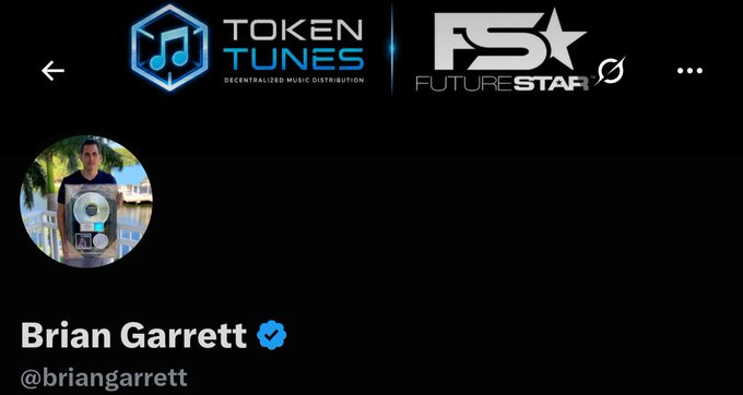 A Twitter/X profile header featuring 'TOKEN TUNES - Decentralized Music Distribution' and 'FS FUTURE STAR' logos, showing user 'Brian Garrett (@briangarrrett)' with a verified blue checkmark.