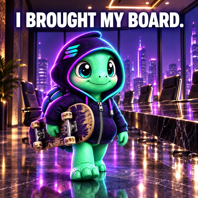 An AI-generated image of a cartoon turtle wearing a purple hoodie and holding a skateboard, with the text 'I BROUGHT MY BOARD.' at the top.