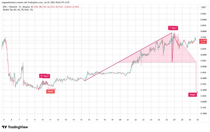 A TradingView candlestick chart for EPIC / TetherUS on Binance showing a 'Double Top' pattern with Top 1, Top 2, and a Target marked at 0.2500.