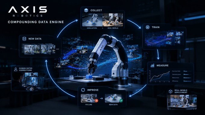 A promotional graphic for Axis Robotics showcasing their 'Compounding Data Engine' workflow, featuring a robotic arm surrounded by labeled stages: New Data, Collect, Train, Measure, Improve, and Real-World Deployment.