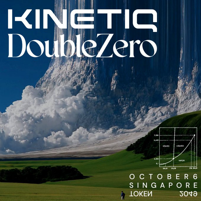 A promotional graphic for "KINETIC DoubleZero" featuring a dramatic mountain scene with a massive waterfall cascading into clouds above a green field where a small figure stands. The poster advertises an event on "OCTOBER 6" in "SINGAPORE" at "TOKEN2049," with an overlaid phase diagram chart showing solid, liquid, and vapor states—visually tying into the post's announcement of the Kinetiq collaboration in Singapore.