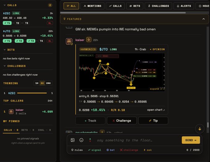 A cryptocurrency trading platform dashboard displays featured calls and signals, prominently showcasing "kaiser's" JTO long call which reached +10.41% with TP1, TP2 & TP3 all hit (entry 0.5695, stop 0.56391). The interface includes sections for Calls, Bets, Challenges, Trending tickers like ZEC and JTO, and Top Callers—illustrating the RazorAlpha platform's featured trader program described in the accompanying post.