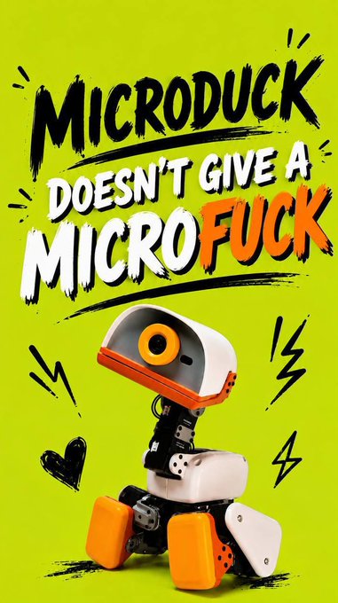 A promotional graphic featuring a small robot on a lime green background with the text 'MICRODUCK DOESN'T GIVE A MICROFUCK'.