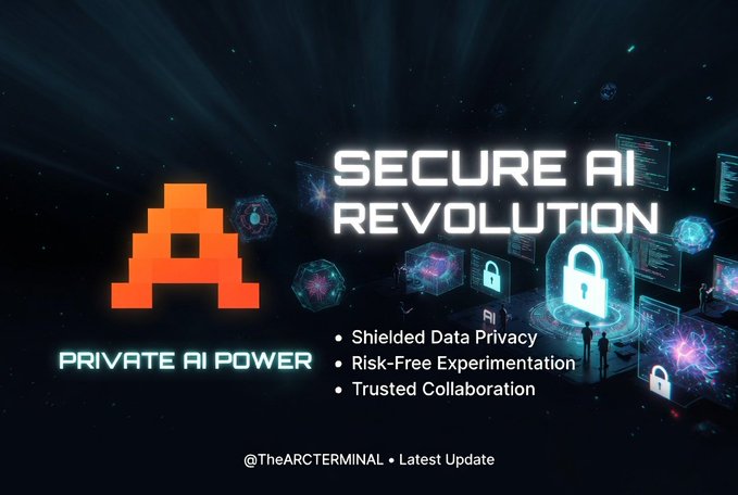 The image features a banner displaying "A" with an orange block, surrounded by blue and purple spheres containing icons of computer mice and other symbols typical of a tech-related theme. The text below the banner reads "SECURE AI REVOLUTION", suggesting that this is related to privacy and protection in AI applications. In addition, there's a logo for a company named "PRIVATE AI POWER" with another text reading "SHEELED DATAPRIVACY RISKFREE EXPERIMENTATION TRUSTED COLLABORATION".