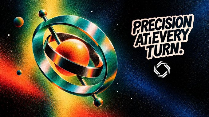 A retro-style graphic featuring a metallic gyroscope with an orange sphere against a colorful cosmic background, with the text "PRECISION AT EVERY TURN."