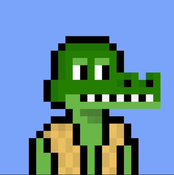 A pixel art illustration depicts a green alligator or crocodile character wearing a tan and brown vest against a solid blue background.