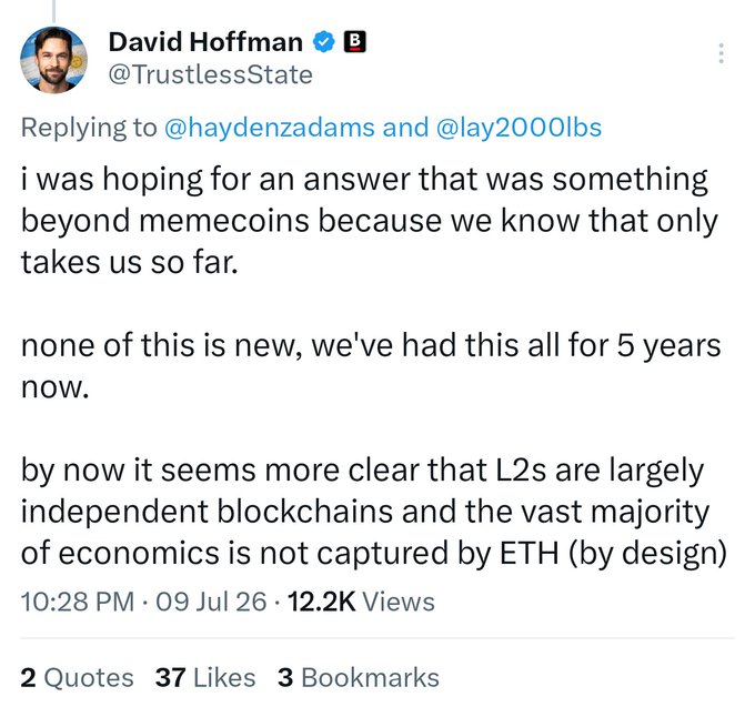 The image shows a tweet from David Hoffman (@TrustlessState) expressing disappointment that cryptocurrency innovation hasn't progressed beyond memecoins despite 5 years, and noting that L2s operate as largely independent blockchains with most economic activity not flowing back to ETH by design. The accompanying post pushes back on this pessimistic take, arguing the onchain economy is still early and that L2s remain dependent on Ethereum's L1.