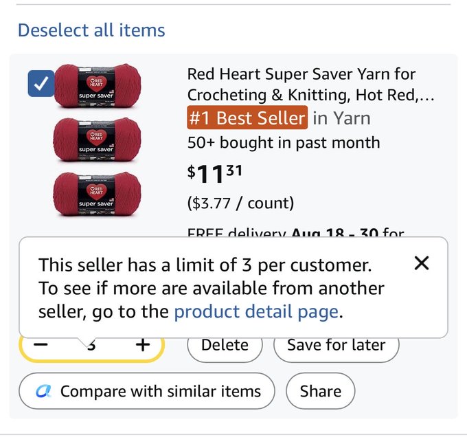 An Amazon shopping cart item showing Red Heart Super Saver Yarn in Hot Red priced at $11.31, with a popup notification stating 'This seller has a limit of 3 per customer.'
