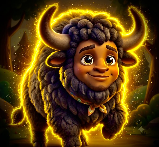 A cute, cartoon-style bison with large expressive eyes and curved horns stands illuminated by a glowing golden aura in a whimsical forest setting. The image appears to serve as a mascot-style avatar for the cryptocurrency token address "99LVPoN7bSQWBoN5Yoy3XFJVvWcTvrnzrXWtobdspump," with the radiant bison likely representing the project's branding.