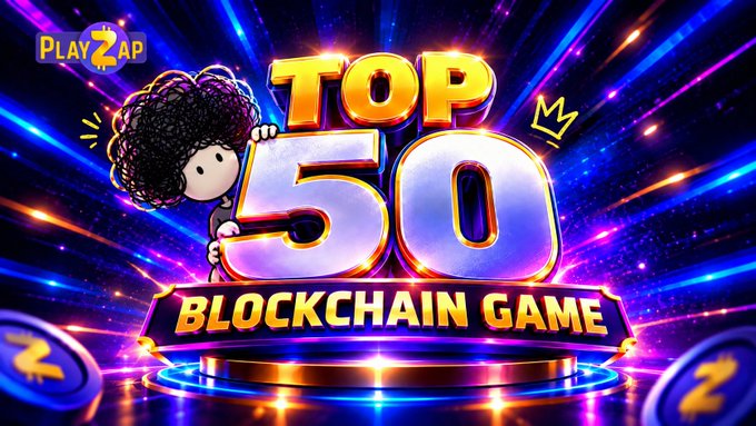 A promotional banner reading 'PLAYZAP' and 'TOP 50 BLOCKCHAIN GAME' featuring a cartoon character with curly hair holding a large '50'.