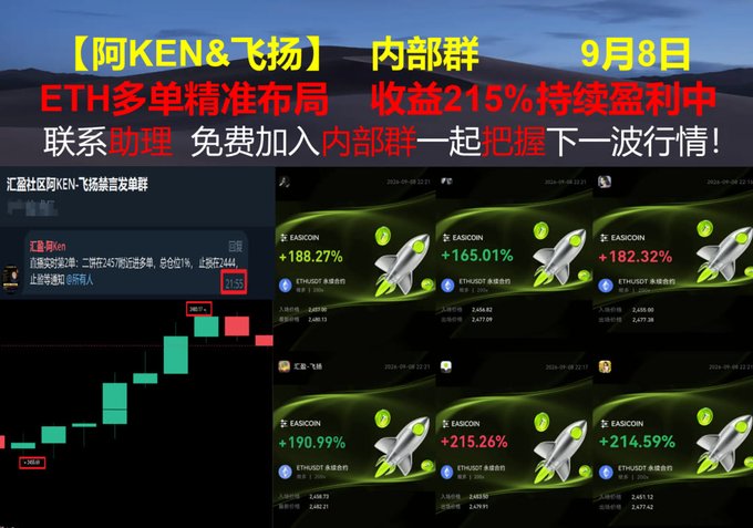 A promotional graphic in Chinese advertises an '阿KEN&飞扬' (A KEN & Fei Yang) private group with ETH multi-position precision trading, claiming a 215% return, dated 9月8日 (September 8), and showing screenshots of trading results and a candlestick chart.