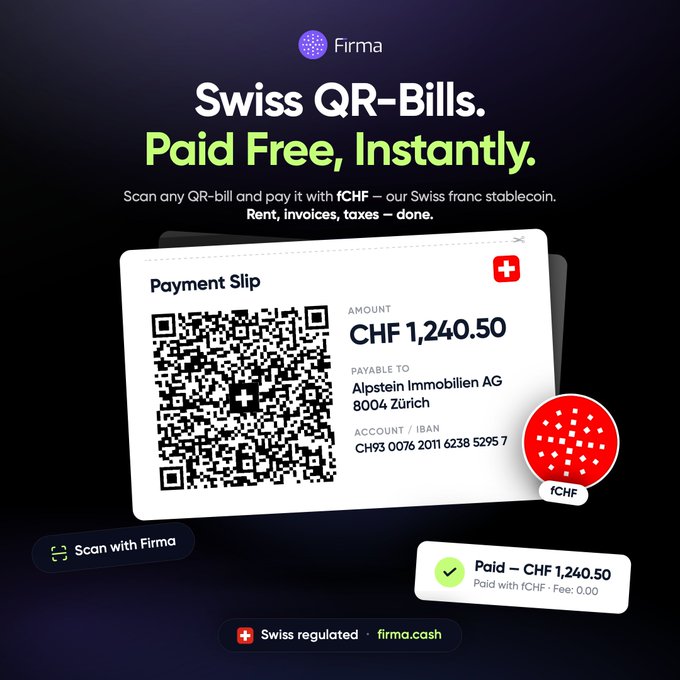 A promotional ad by Firma showcasing its service for paying Swiss QR-bills free and instantly using fCHF, a Swiss franc stablecoin, illustrated with a sample payment slip for CHF 1,240.50 to Alpstein Immobilien AG. The image visually reinforces the post's message by displaying the app's interface for scanning QR-bills and confirming zero-fee crypto payments for Swiss residents and businesses.