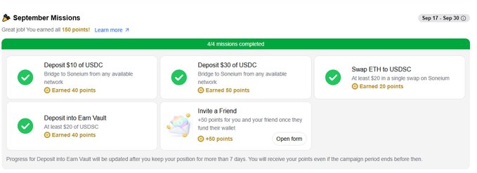 A 'September Missions' rewards screen showing 4/4 missions completed for earning points, including tasks like 'Deposit $10 of USDC', 'Deposit $30 of USDC', 'Swap ETH to USDSC', 'Deposit into Earn Vault', and 'Invite a Friend'.