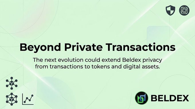 A minimalist Beldex slide titled 'Beyond Private Transactions' suggests extending privacy from transactions to tokens and digital assets, featuring the Beldex logo and abstract network icons on a light green background.