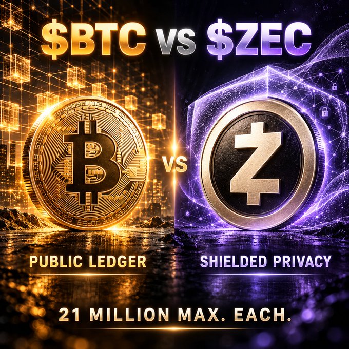 Comparison graphic titled '$BTC vs $ZEC' contrasting Bitcoin's gold coin with Zcash's silver coin, labeled 'PUBLIC LEDGER' versus 'SHIELDED PRIVACY' with text noting '21 MILLION MAX. EACH.'