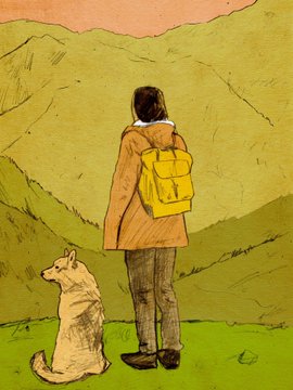 An illustration of a person wearing a yellow backpack standing in a green mountain landscape, looking out at the view with a dog sitting beside them.