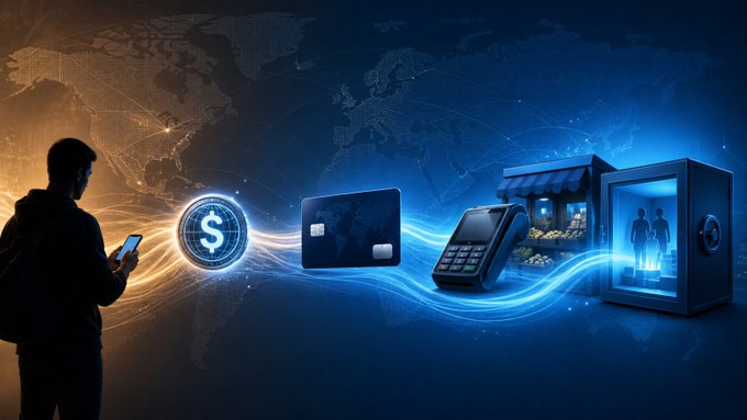 A digital illustration depicts a silhouetted person on the left looking at a smartphone, connected by flowing energy lines to icons representing a dollar sign, a credit card, a payment terminal, a market stall, and a digital vault on the right, all set against a world map.