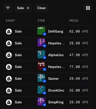 A mobile app interface showing a list of 'Sale' events for various digital dice collectibles priced in APE, including DefiGang, AlphaUnc, and Gamer items.