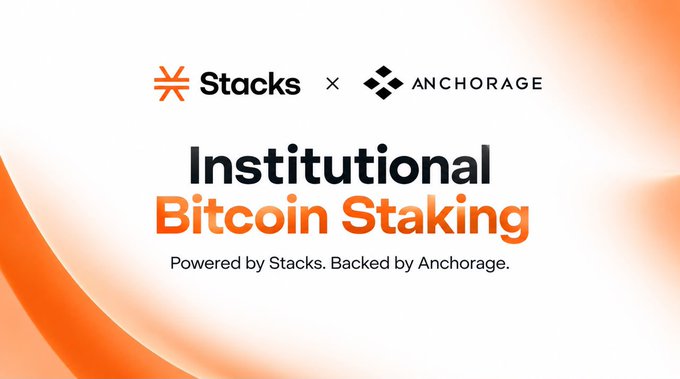 A promotional banner for 'Stacks x Anchorage Institutional Bitcoin Staking' with the tagline 'Powered by Stacks. Backed by Anchorage.' on an orange and white background.