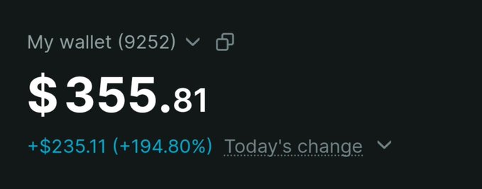 A digital wallet interface displays a balance of $355.81, showing a 'Today's change' gain of +$235.11 (+194.80%) for wallet ID 9252.