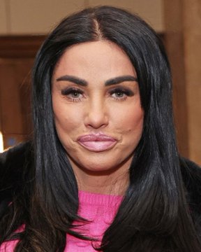 The picture features a woman with long dark hair and dramatic makeup, wearing a bright pink top, with a surprised or skeptical expression. The image appears to depict Katie Price, connecting to the post about her reportedly ending her marriage after discovering her husband had only $3 in his crypto wallet despite claiming to have $50 million.