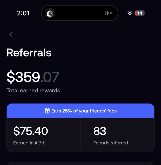 A mobile app screenshot displaying a 'Referrals' page with $359.07 in total earned rewards, $75.40 earned last 7 days, and 83 friends referred, with a banner offering 'Earn 25% of your friends' fees.'