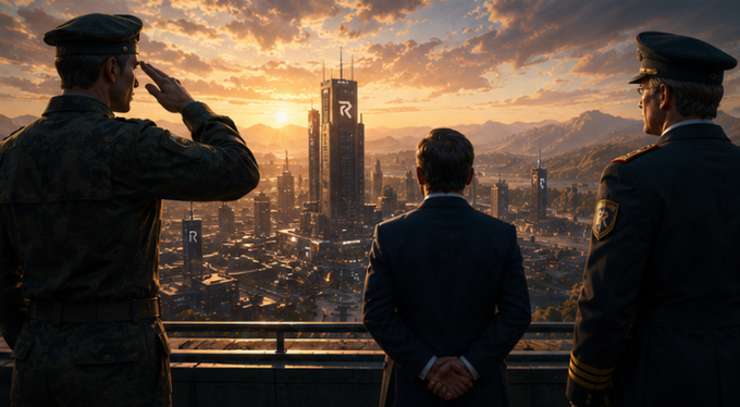 A digital illustration depicts three men in military or formal attire overlooking a futuristic cityscape at sunset, with several skyscrapers featuring a prominent "R" logo. This imagery evokes a sense of conquest or systemic control, visually representing the "world-building" aspect of the accompanying GameFi announcement.