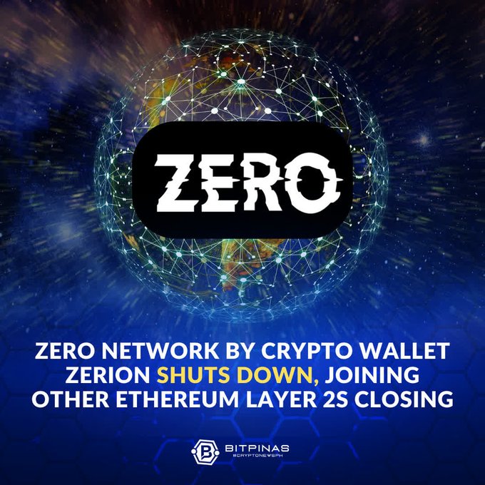 The image features an advertisement for a cryptocurrency wallet named "Zero". The background of the image is blue with white stars scattered throughout, giving it a futuristic appearance. The text on the image reads "Zero Network by Crypto Wallet Shutts Down, joining other etherium layer 25 closing" and "Focus on what is in the image and how it relates to the post."