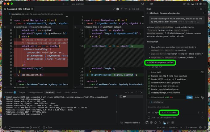 A code editor displays a side-by-side diff comparing 'Navigation.js' files for a NEAR coin flip example migration, with an AI chat assistant suggesting verification steps and a commit message.