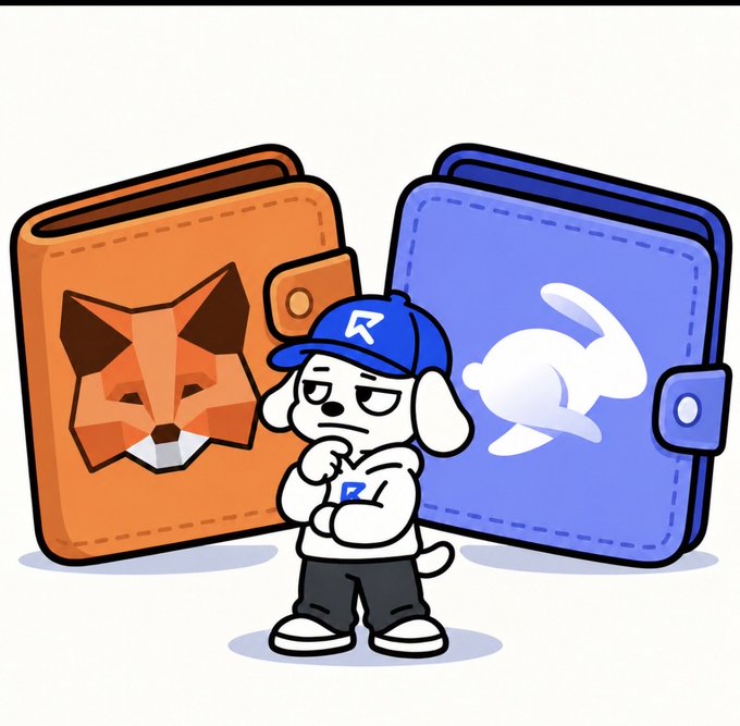A cartoon dog wearing a cap with an "R" logo stands thoughtfully between two large wallets—an orange MetaMask wallet featuring a fox emblem and a blue Rabby wallet with a rabbit logo—visually representing the integration mentioned in the post. The "R" branded character symbolizes the unified experience enabling faster, single-confirmation trades for both wallets.